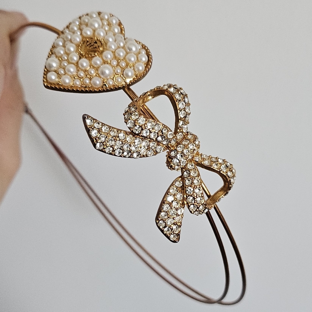 Jesus Diamante Gyaru Gold Heart And Bow Pearl And Rhinestone Headband Set
